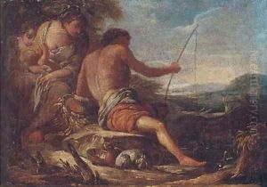 An Italianate landscape with figures by a pool by Giulio Carpioni