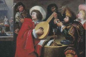 A merry company making music, smoking and drinking in an inn, a kitchen beyond by Jan Cossiers