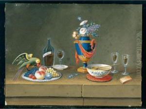 Natura Morta Con Pappagallo, Piatto Di Frutta E Vaso Di Fiori by Paul Lelong