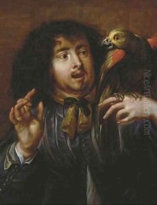 A man holding a parrot on his left hand by Jan Cossiers