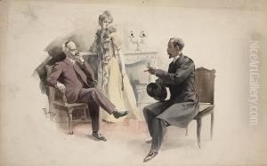 An Interior With Two Seated
Gentlemen And A Lady Resting Her Arm On A Mantlepiece; Also Seven Other
Illustrations By The Same Hand (8) An Interior With Two Seated
Gentlemen And A Lady Resting Her Arm On A Mantlepiece; Also Seven Other
Illustrations By The Same Hand (8)