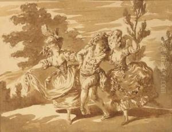 Two Women Dancing With A Comedian In A Landscape - view 1