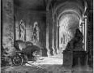 Artistes Assis Dans Un Tonneau Dessinant Un Palais Antique