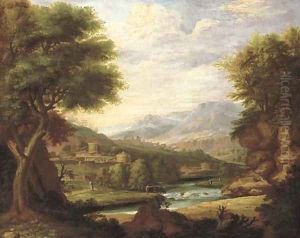 An extensive classical Italianate landscape with figures by a river, a town beyond