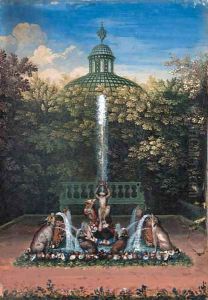 A fantastical animal fountain in the Bosquet du Labyrinthe, Chateau de Versailles by Jean II Cotelle