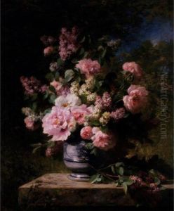 Lilacs And Peonies With A Porcelain Vase In The Garden by Louis Marie Lemaire