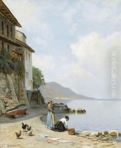 Uferpartie Am Genfersee Mit Wascherinnen