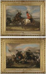 A Cavalry Battle Between Turks And Christians, A Christian Officer Shooting A Pistol;
A Cavalry Battle Between Turks And Christians, A Turk Raising His Spear by Johann Philipp Lembke