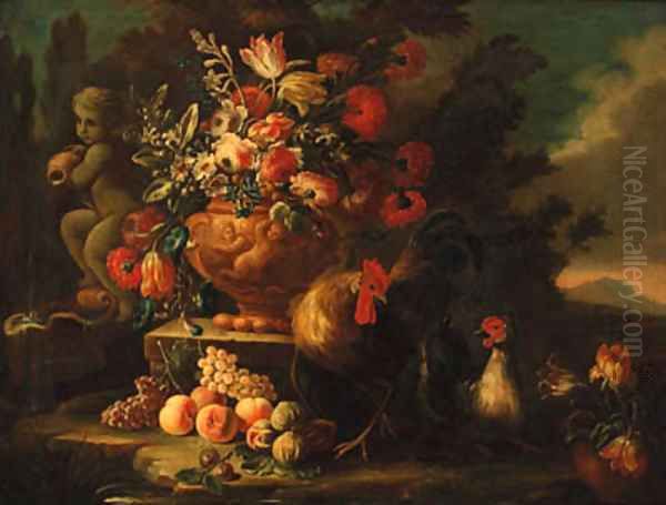 Flowers in an urn on a plinth by a fountain with chickens and fruit in a landscape - view 1