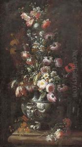 Roses, carnations, tulips, morning glory, narcissi and other flowers in a sculpted urn on a ledge by Nicola Casissa