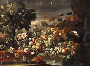 Tulips, carnations, morning glory, grapes, pears, apples, figs and a melon