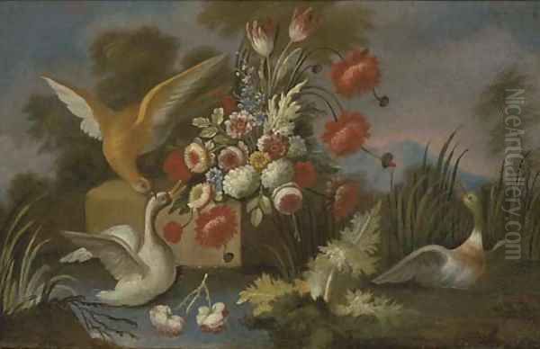 Waterfowl with roses, parrot tulips, chrysanthemums and other flowers on a ledge by a river - view 1