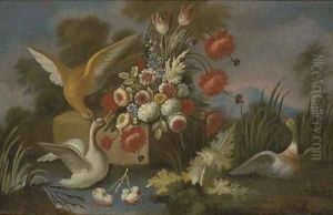 Waterfowl with roses, parrot tulips, chrysanthemums and other flowers on a ledge by a river by Nicola Casissa