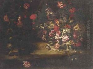 Roses, tulips and other mixed flowers on a ledge