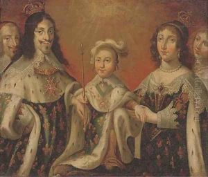 Group portrait of Louis XIII, Anne of Austria, and their son Louis XIV, flanked by Cardinal Richelieu and the Duchesse de Chevreuse