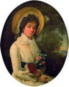 Portrait De Jeune Femme En Robe Blanche Sur Fond De Paysage by Marie-Victoire Lemoine