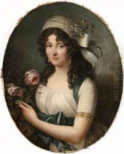 Portrait Of A Lady, Half Length, In A White Dress And A Blue Sash,by A Rosebush