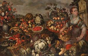 A fruit and vegetable seller seated, surrounded by her wares by Vincenzo Campi