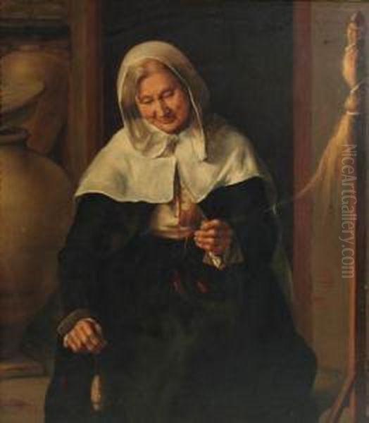 An Old Lady Carding Wool In An Interior - view 1