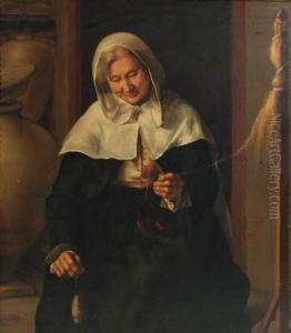 An Old Lady Carding Wool In An Interior