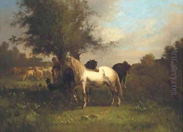 A farm girl with horses and sheep in a field - view 1