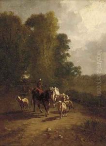A drover with cattle and sheep on a wooded track by Antonio Cordero Cortes