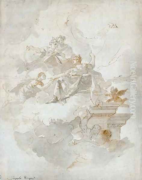 Etude de decor un homme agenouille devant une femme assise sur des nuages, quelques autres figures et un putto - view 1