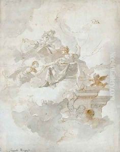 Etude de decor un homme agenouille devant une femme assise sur des nuages, quelques autres figures et un putto by Fabio Canal
