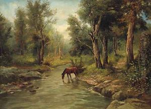 A Horse watering in a wooded River Landscape by Frederico Capuano