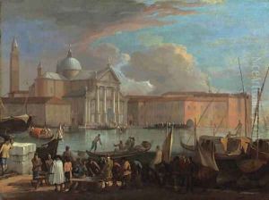 San Giorgio Maggiore, Venice, with a fish market by Luca Carlevarijs