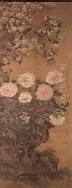 Peonies magnolia and peach blossom - view 1