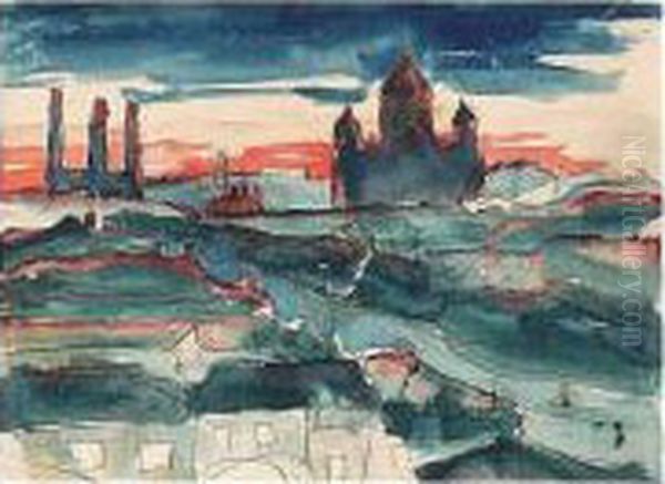 Crimson Sunset; View Of Moscow
From The Artist's Studio Showing The Cathedral Of Christ The Saviour And
The Moscow Electricity Station (moges) - view 1