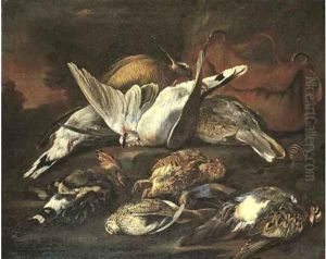 A hunting still life with dead birds by Baldassare De Caro