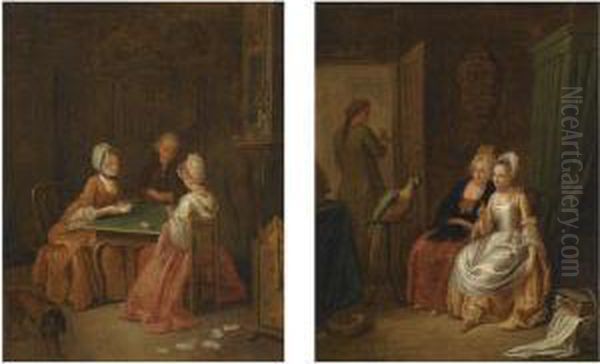 An Interior With Two Ladies And A Gentleman Playing Cards - view 1
