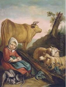A Young Sheperdess Holding A Fruit, Two Sheeps And A Cow By A Treein A Landscape by Francois-Bernard Lepicie
