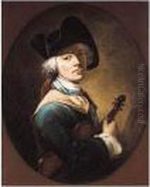 Portrait Of A Young Man Half-length, Wearing A Tricorn Hat, Holding A Violin - view 1
