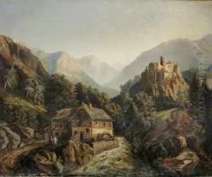 An Alpine Landscape With A Mill And A Castle