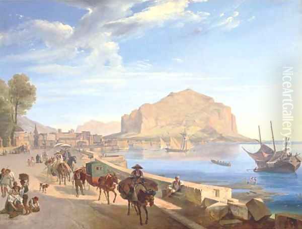 Tourists on the harbour front in Palermo, Monte Pellegrino beyond - view 1