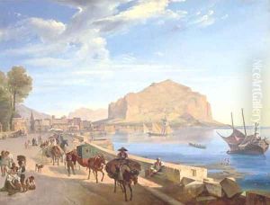Tourists on the harbour front in Palermo, Monte Pellegrino beyond by Franz Ludwig Catel