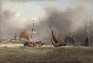 Barges and other shipping in a squall off the Low Countries