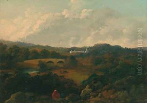 An extensive landscape with a country house beyond and figures in the foreground by George Cubitt