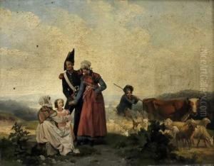 Un Soldat Napoleonien Et Sa Famille En Promenade A La Campagne by Auguste-Xavier Leprince