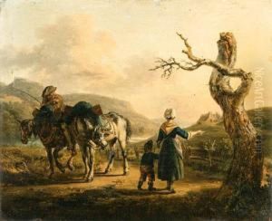 A Traveller On Horseback Conversing With A Mother And Child On Apath by Auguste-Xavier Leprince
