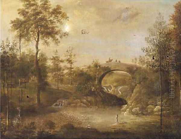 Figures bathing under a bridge in a wooded landscape - view 1