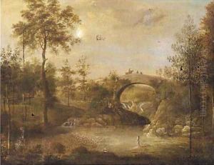 Figures bathing under a bridge in a wooded landscape by George Cuitt
