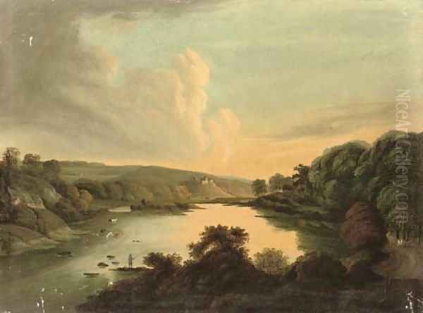 Fishing on a river, sunset - view 1