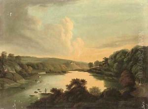 Fishing on a river, sunset by George Cuitt