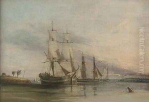 Brigs, probably colliers, on the estuary at dusk