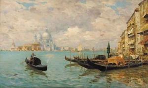 A distant view of Santa Maria della Salute, Venice, with Gondolas in the foreground