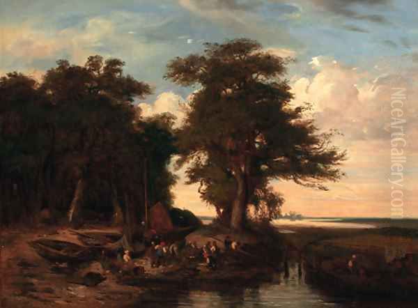 Fishermen on the bank of a river in a wooded landscape - view 1